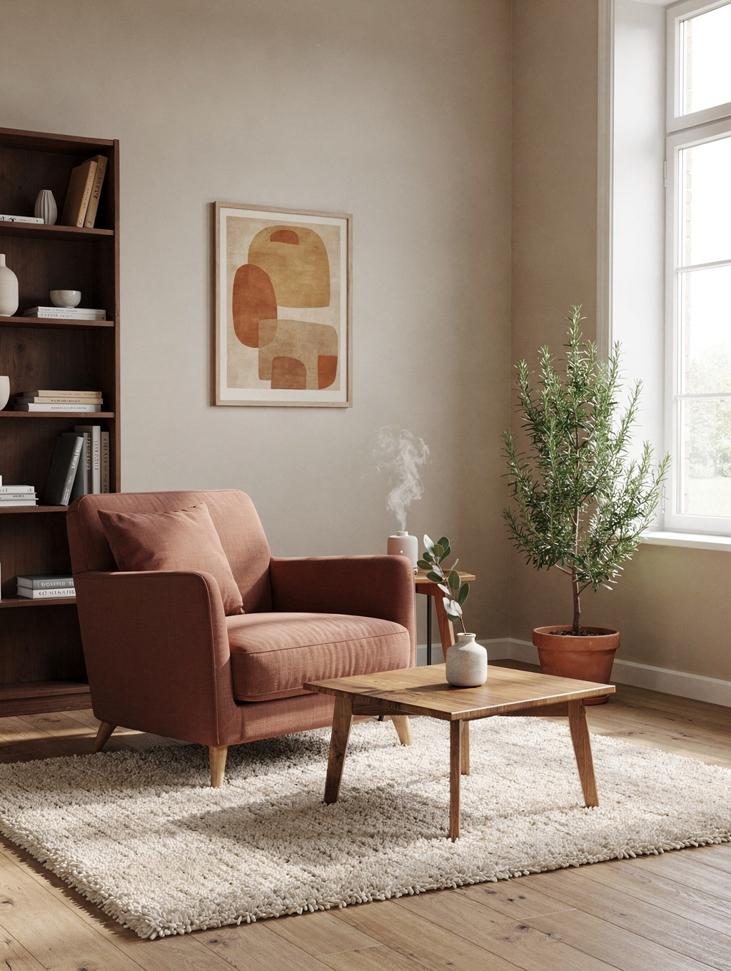Soft natural light streaming through a window onto a calm counseling space with organic textures