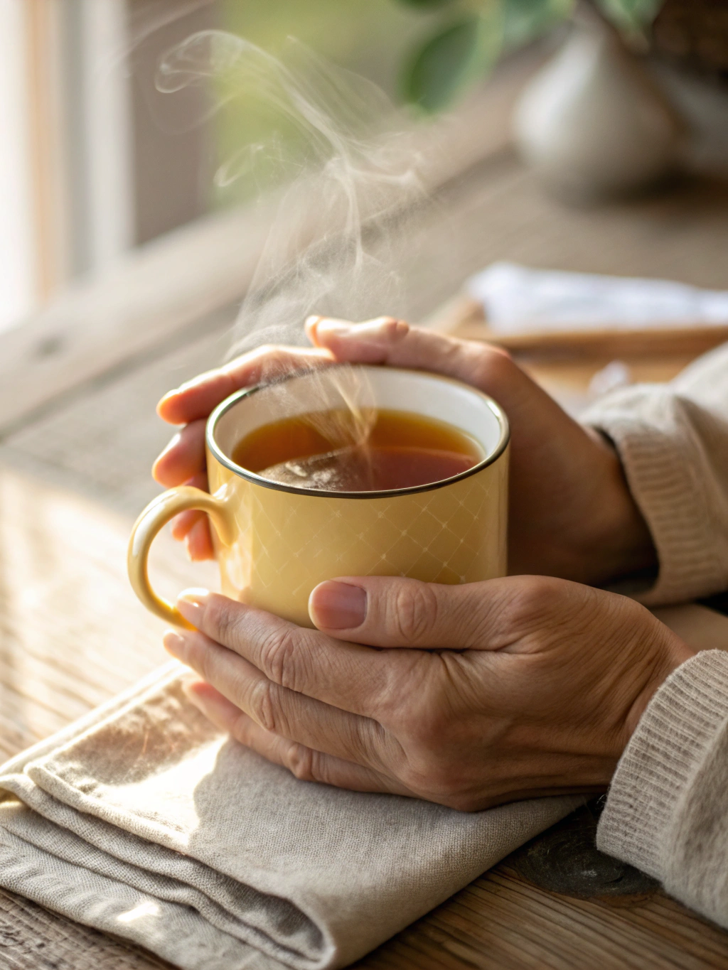 Close up of hands holding a warm ceramic mug in a peaceful setting