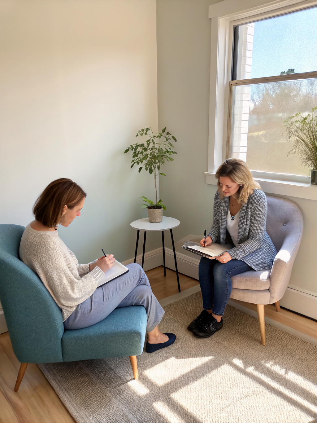 A warm, sunlit counseling room with soft textures and a calm atmosphere