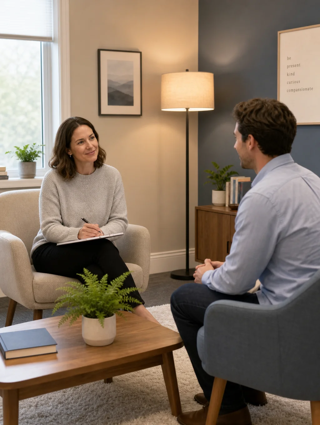 Two people in a warm conversation in a calm, softly lit counseling office